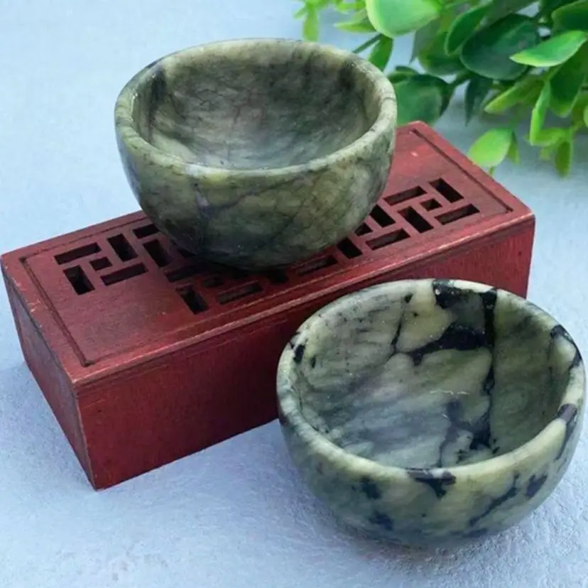 Natural Stone Greenh Yellow Jade Crystal Bowl Tableware Wine Set Minerals Spiritual Living Tea Cup Office Room Home Decoration