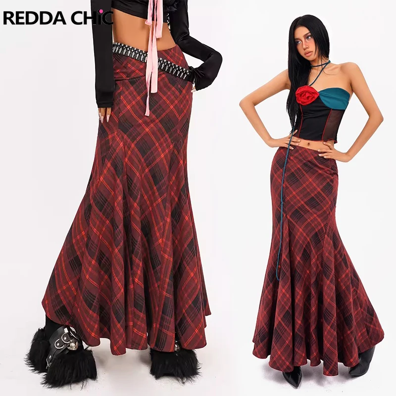 

REDDACHiC Retro Red Plaid Fishtail Skirt Women High Waist Flowy Ruffle Patchwork Maxi Long Skirt Casual Korean Bodycon Skirt