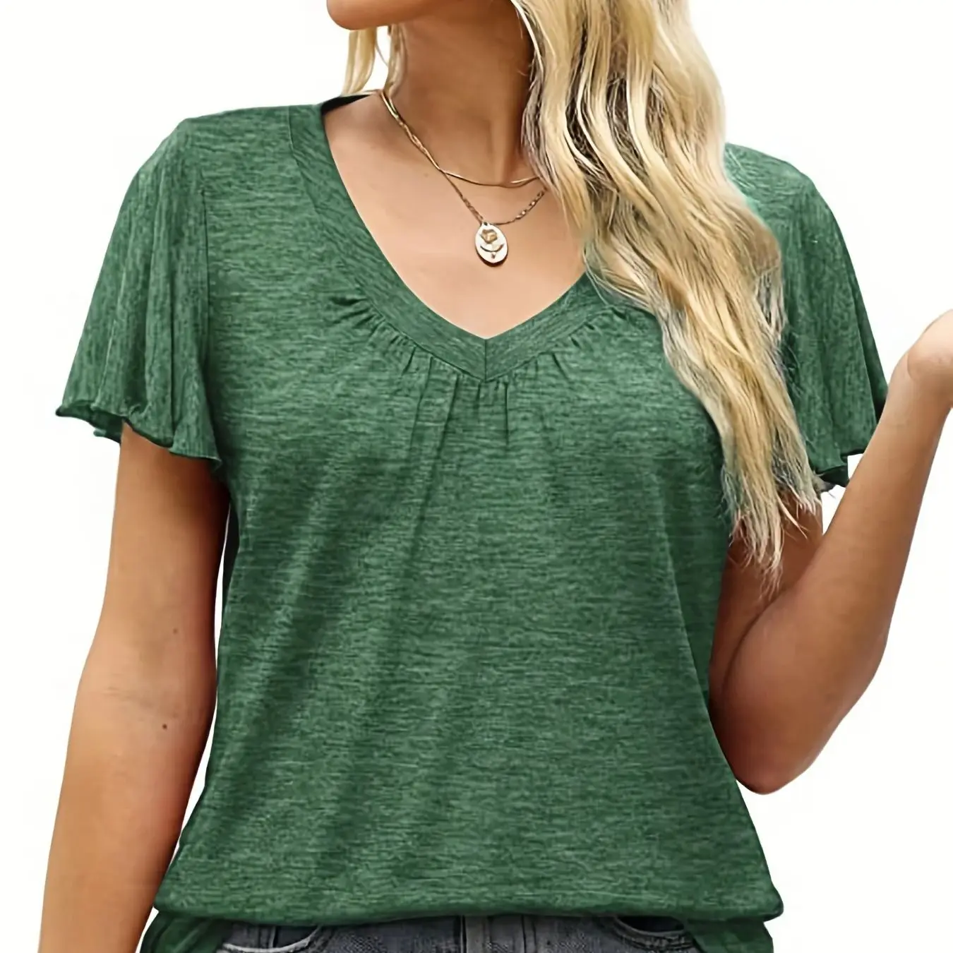 

Plus Size Women's Tops Casual T-Shirt Pure Color V Neck Lotus Leaf Sleeves Pleated Design All Year Round Fashion Tops