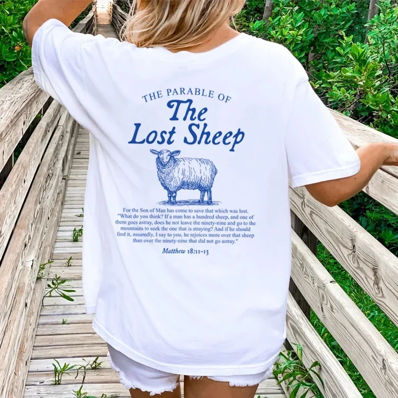 Women Lost Sheep Back Print Bible Verse T-Shirts Christian Inspirational Graphic T Shirt God Worship Tees Religious Tops Gifts