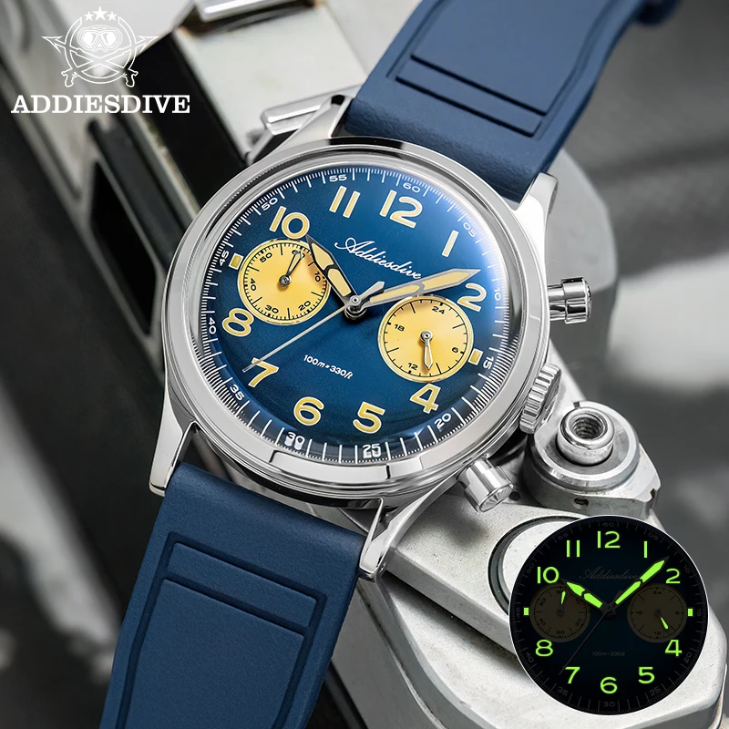 ADDIESDIVE Quartz Chronograph Man Watch 100m Waterproof Luminous 38mm Bubble Mirror Glass Rubber strap Fashion Watches For Man