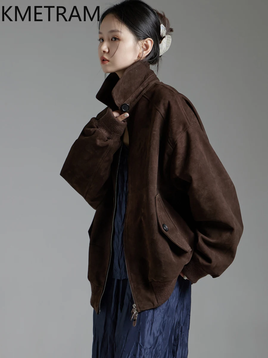 KMETRAM 100% 천연 양가죽 진짜 가죽 재킷 올드 머니 스타일 2025 겨울 중간 길이 여성 의류