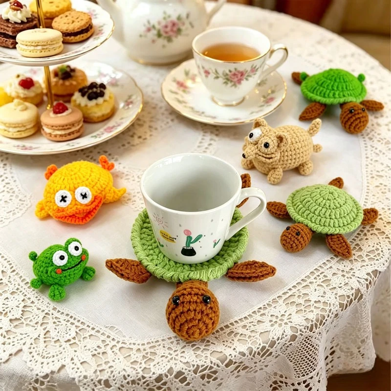 New Handmade Cartoon Animal Crochet Squirrel Coasters Heat Resistant Funny  Woven Crochet Coasters Table Decor Knit Cup Mat
