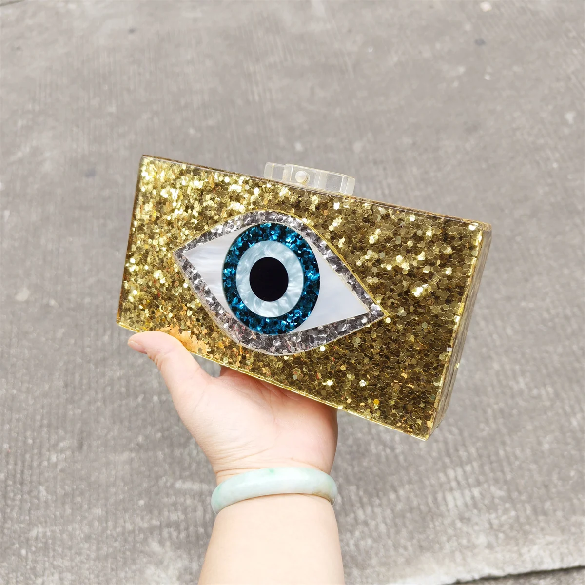 Women Big Gold Glitter Evil Eye Cheapest Acrylic Box Clutches Bags Handbag Coin Purse Embroidered Lady Clutch Tassel Small Flap