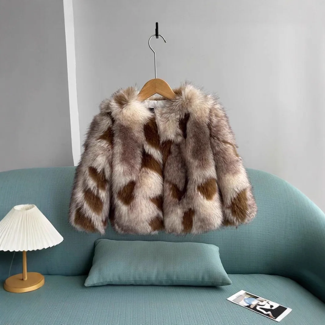 2025 New Color Matching Imitation Fox Fur Coat Girls Fur Coat Children's Cotton-padded Clothes Fashion Casual