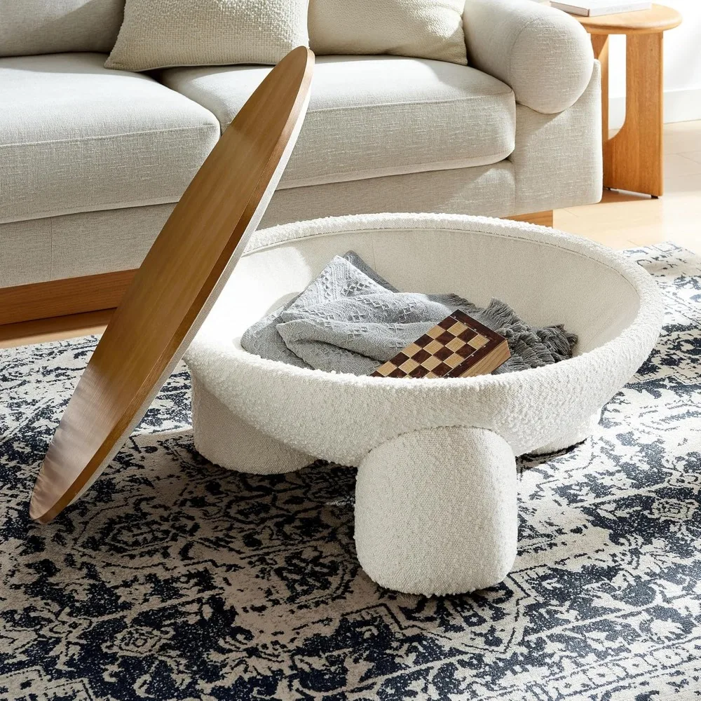 大きな丸い布張りのブークレ生地のコーヒーテーブル、収納付き、ナチュラルアイボリー - 31インチの木製アクセントテーブル