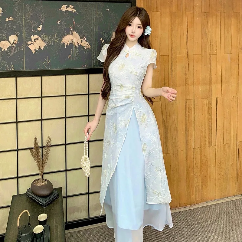 

Chinese Cheongsam Dress Women's Summer Light Blue Waist Skirt Women