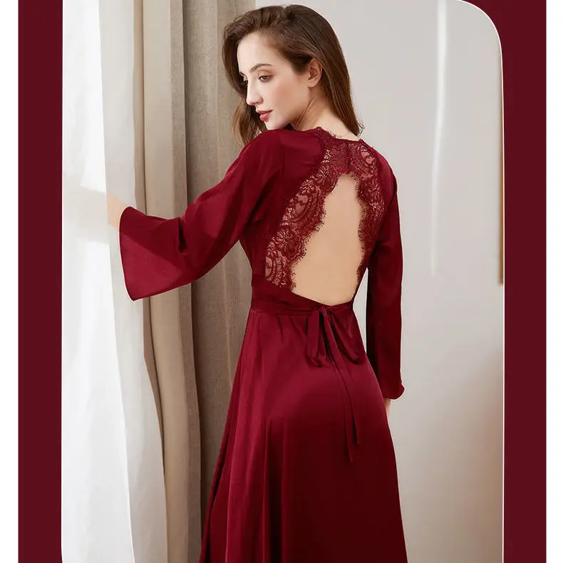 Female Rayon Long Kimono Bathrobe Backless Lace Bride Wedding Robes Gown Marriage V-Neck Nightgown Sleepwear French Vestidos