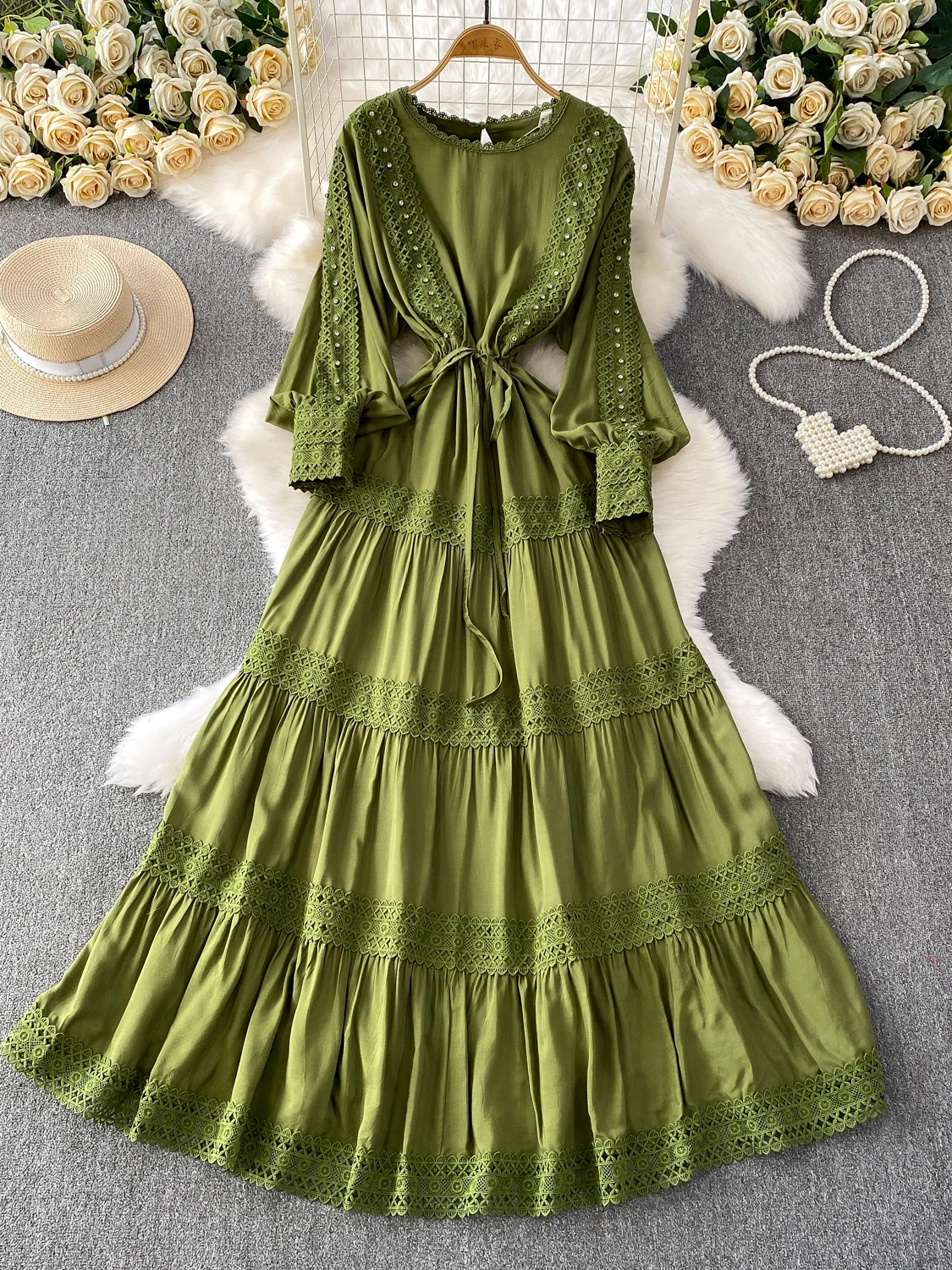 Ele lourd embelli diamant dentelle ronde Ne Dr femmes automne Dstring taille cintrée jupe longue trajet Sle haute...