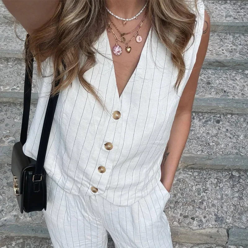 Striped Vest Top Summer Sleeveless Jackets For Women Office Wear Cropped New In Coats Casual Button Up Youthful Woman Vests