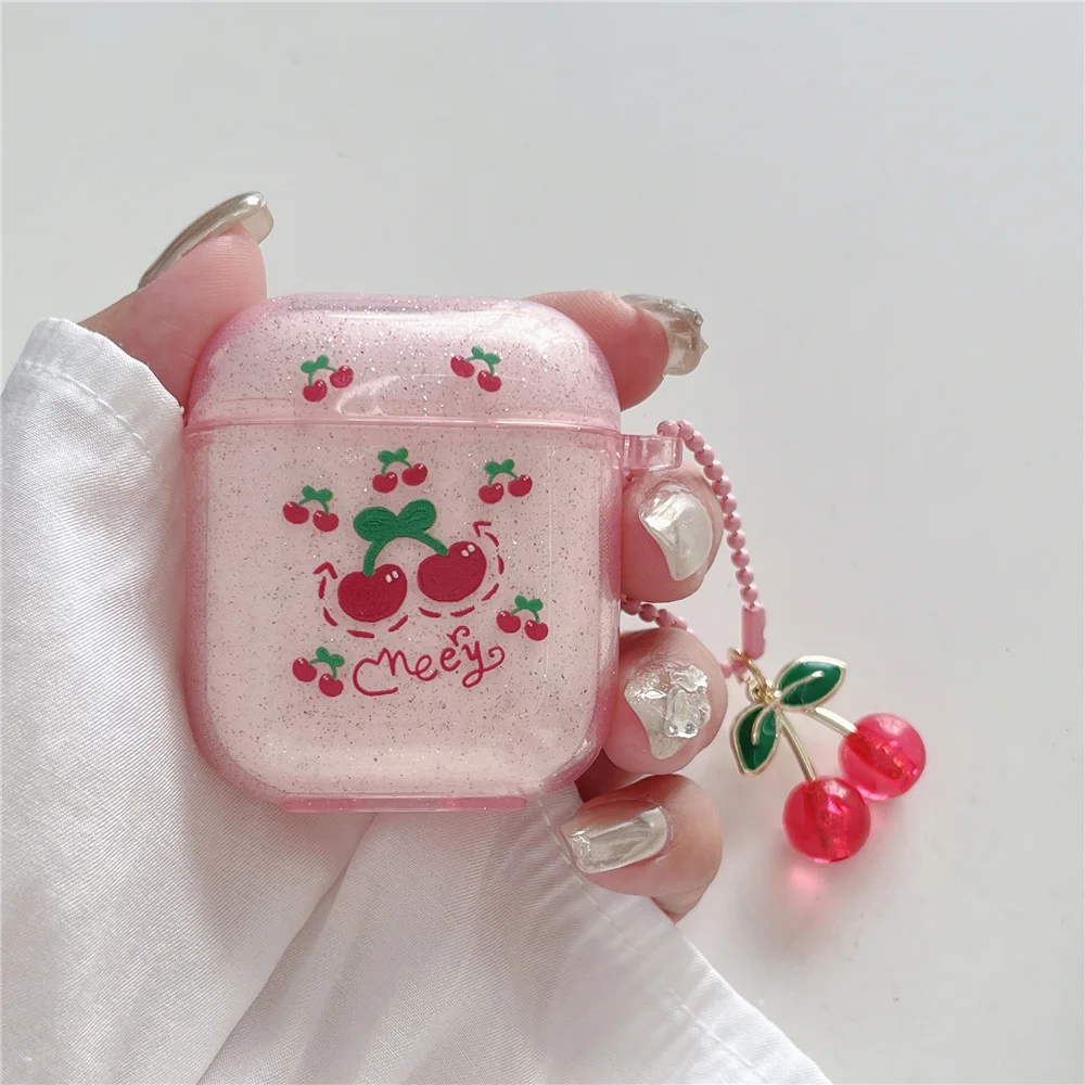 Cute Luxury Flash Pink Cherry Airpods Case For AirPods1/2/3/Pro Generation TPU AirPods 2 3 Pro Anti-fall With 3D Pendant