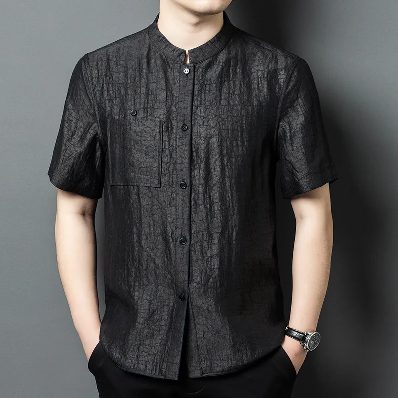 

Real Silk Men's Gambiered Guangdong Crack Stand Collar Short Sleeve Shirt Elderly Loose Casual Thin Pajamas Clothing
