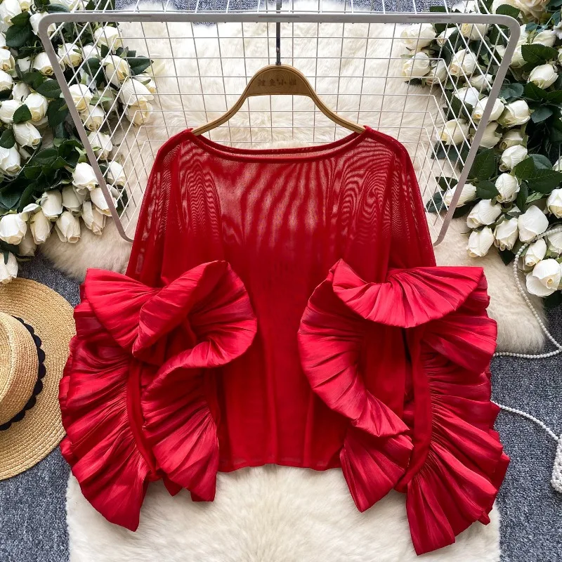 Women's Spring/Summer Top Shirt Ruffles Mesh Retro Simple Comfortable Loose Casual Design Fashion Advanced Soft Niche Versatile