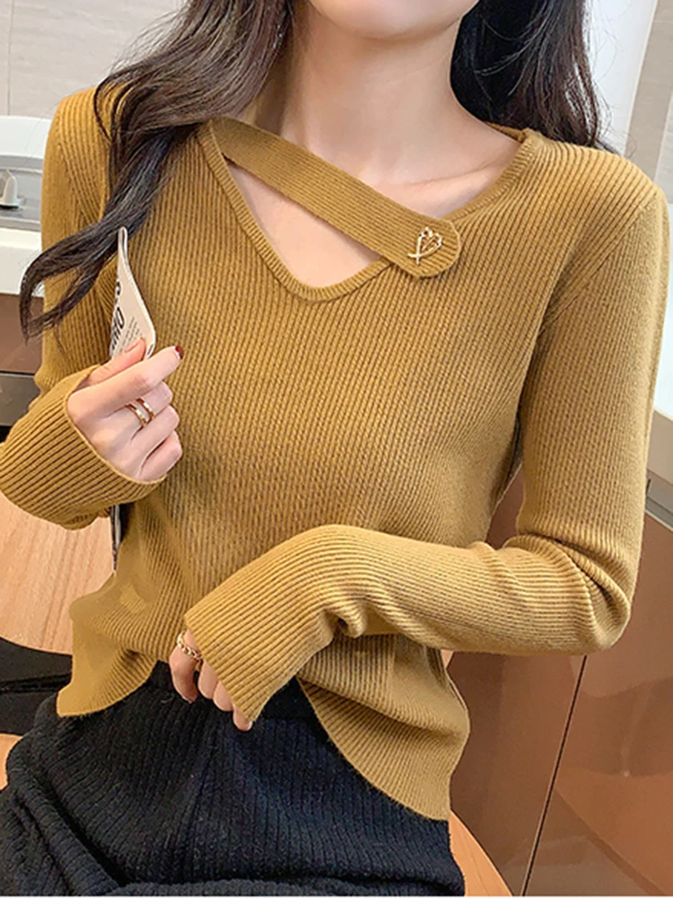 Hollow-out V-neck Women\'s Sweater Autumn Winter Knitted Pullovers Slim Bottoming Solid Soft Knitwear Jumpers Basic Sweaters 2024