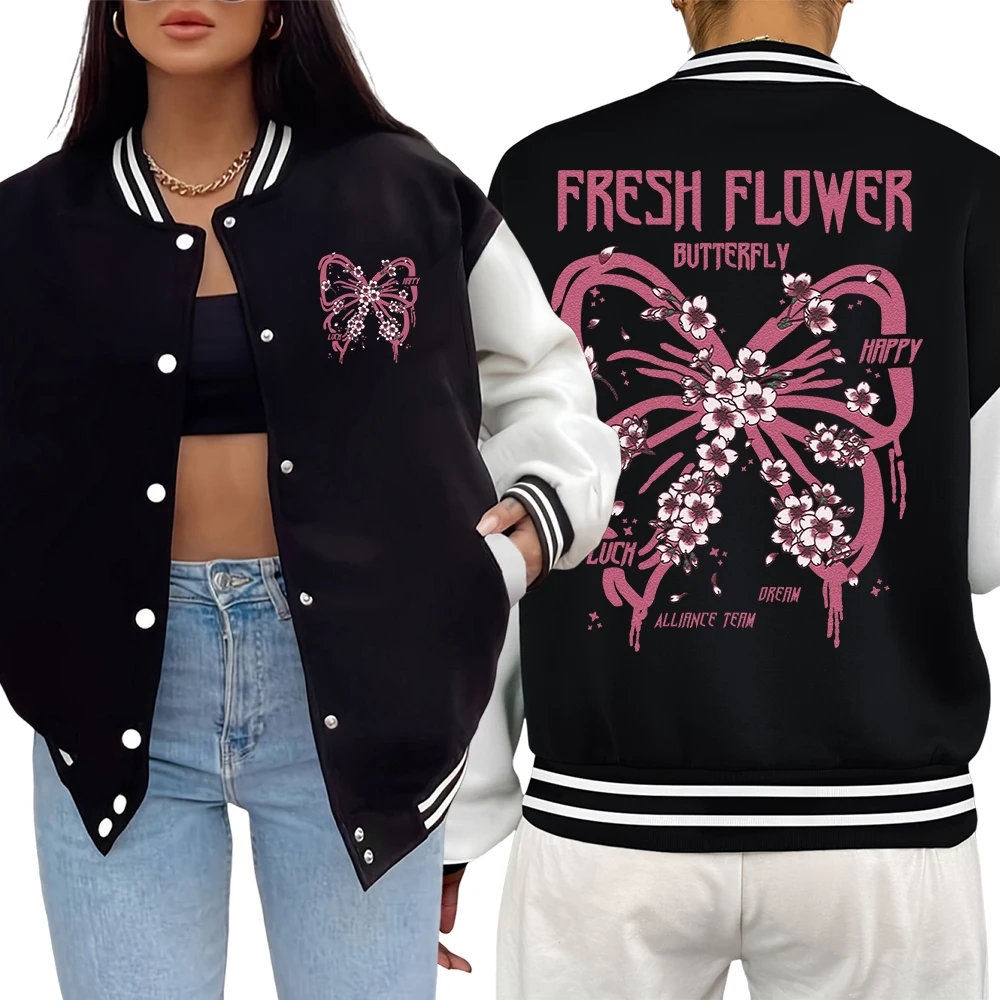 

Fresh Flower Butterflies Prints Baseball Jersey Women Loose Casual Streetwear Autumn Fashion Unisex Jackets Button Soft Veste