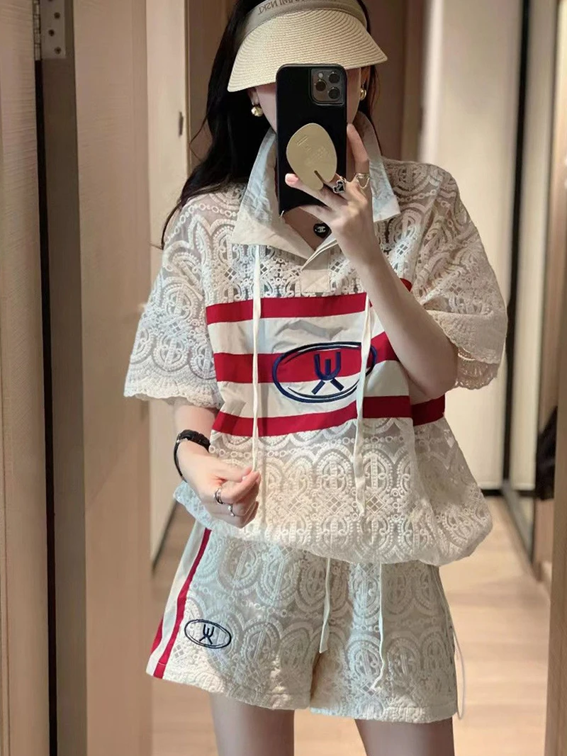 Summer Hollow Lace Two-piece Women\'s 2023new Fashion Street Short-sleeved Striped Top + Casual Lacetracksuit Women Two Piece Set