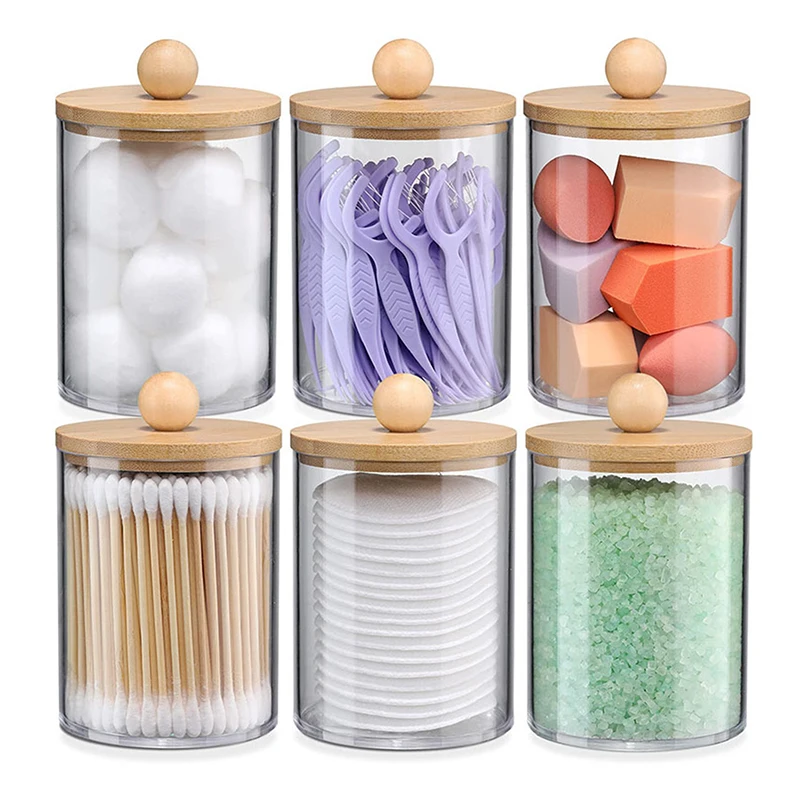 Cotton Swab Storage Box Round Ball Bamboo Lid Makeup Remover Cosmetic Acrylic Transparent Case