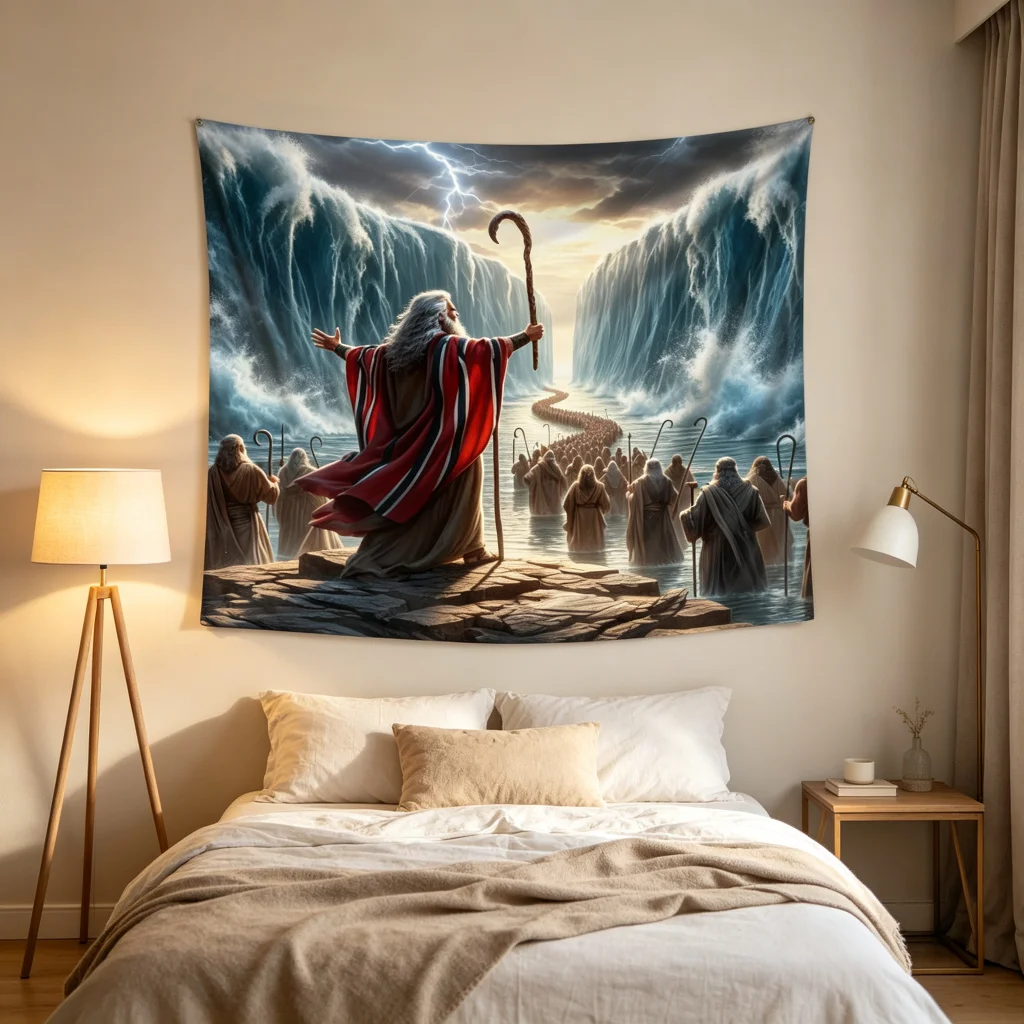1PC Moses Parting Red Sea Print Backdrop Banner, Bedroom Photo Background, Polyester Wall Hanging, Home Decor, Wall Art