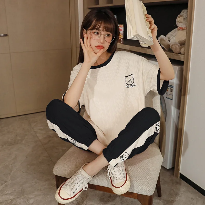 New Sleepwear Cartoon Cotton Pajamas for Women Long Pants Short Sleeved Summer Spring Loungewear Fashion Home Clothing Homewear