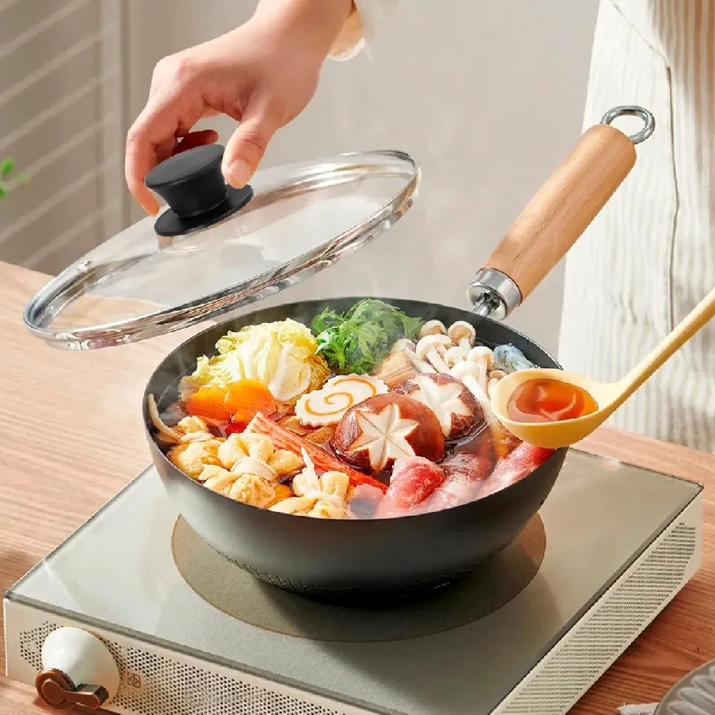Glass Pot Lid with Stainless Steel Edge for 8 Inch Fry Pan Wok Skillet Features Ventilation Holes and Heat Resistant Grip Handle