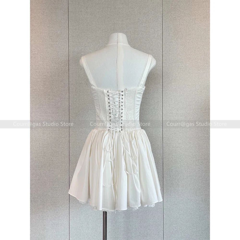 Princess style elegant and sweet white suspender waist large skirt tube top lace strap mini fishbone dress