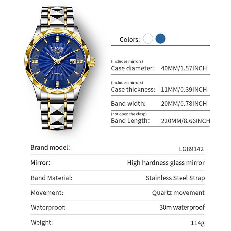 LIGE Relógio Masculino de Aço Inoxidável Moda Diamante Luminoso Negócios Relógios de Quartzo Homens Esportes Militares À Prova D 'Água Data Homem Relógio