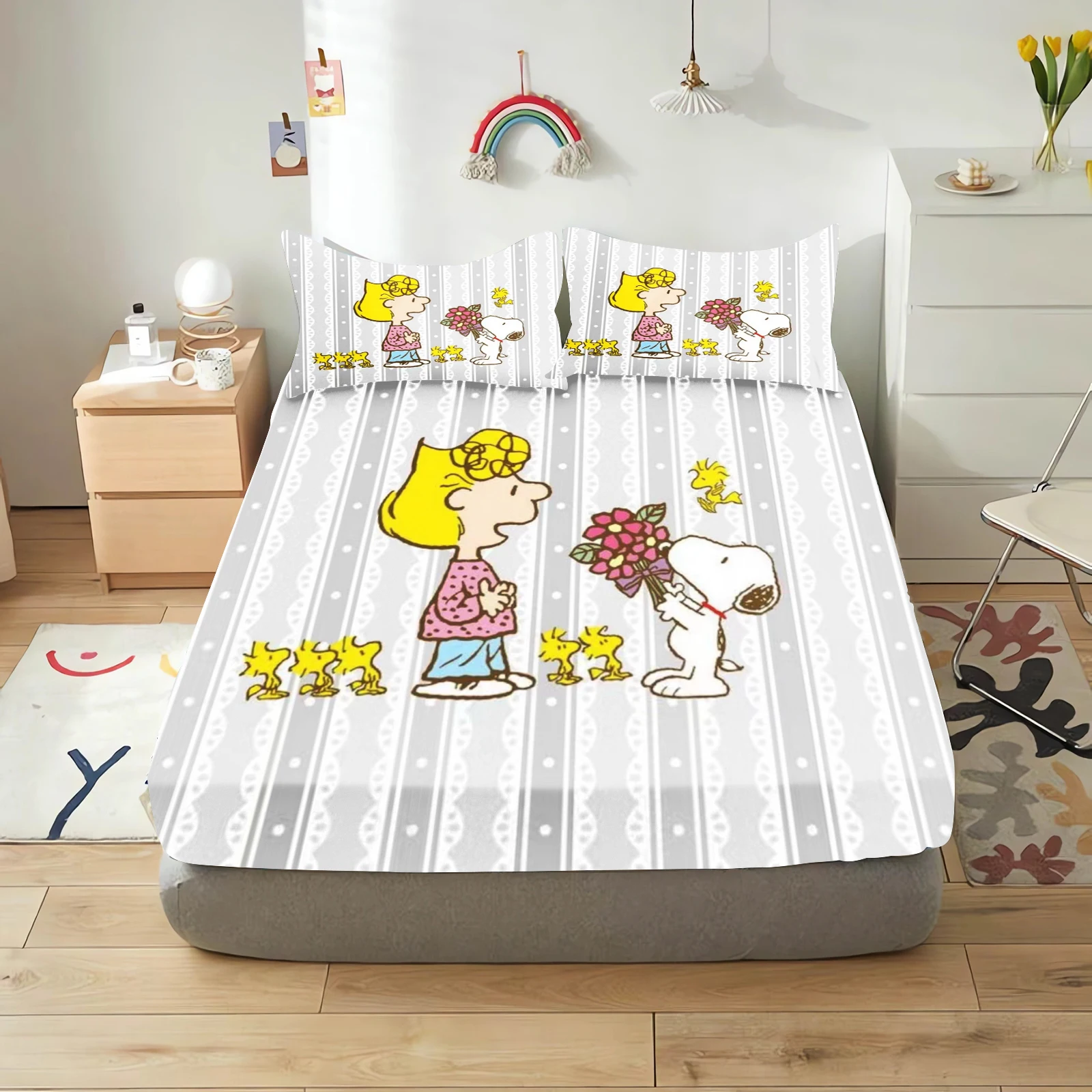 Snoopy conjunto de cama dos desenhos animados lençóis cabidos colcha feliz filhote de cachorro conjunto capa king size crianças impresso 100% poliéster