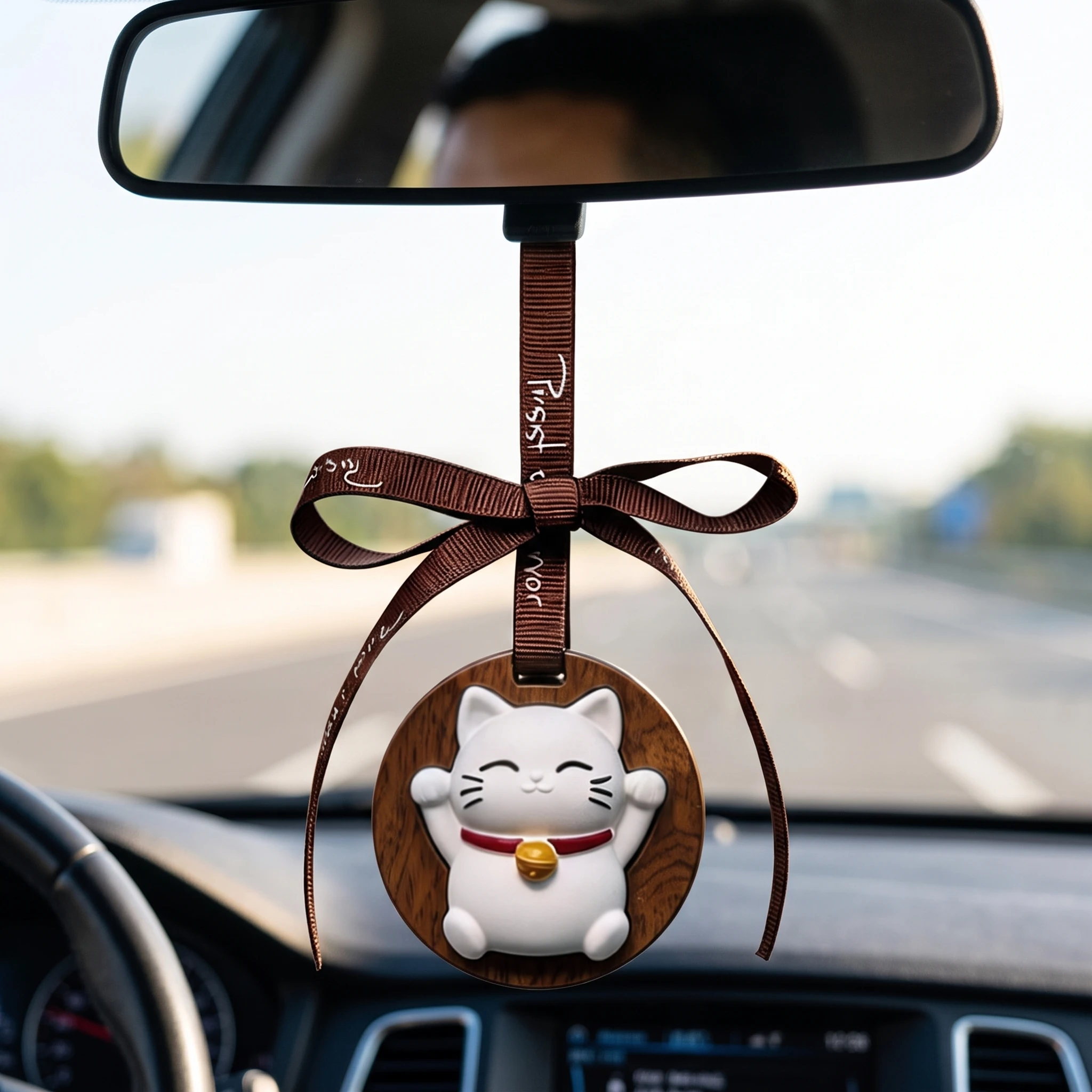 Black Walnut Wood Diffuser Hanging Ornament, Cute Cartoon Cat Decor Pendant with Printed Ribbon Bow for Car Rearview Mirror & Ho
