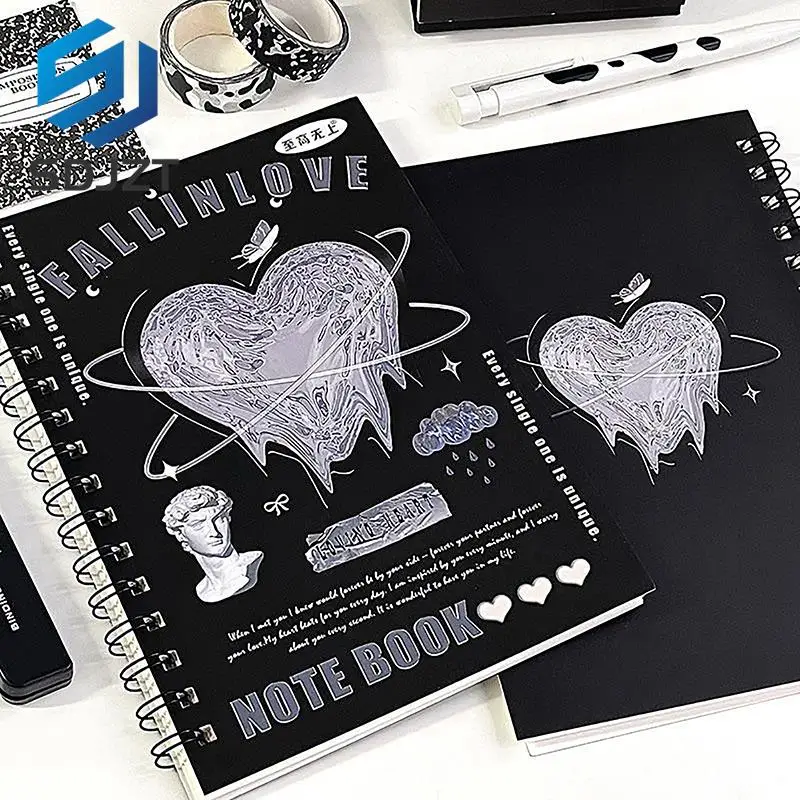 50 fogli A5 Notebook nero semplice Ins Style Retro Cover Coil Lovely Cartoon linea orizzontale Journal Scrapbook forniture per studenti