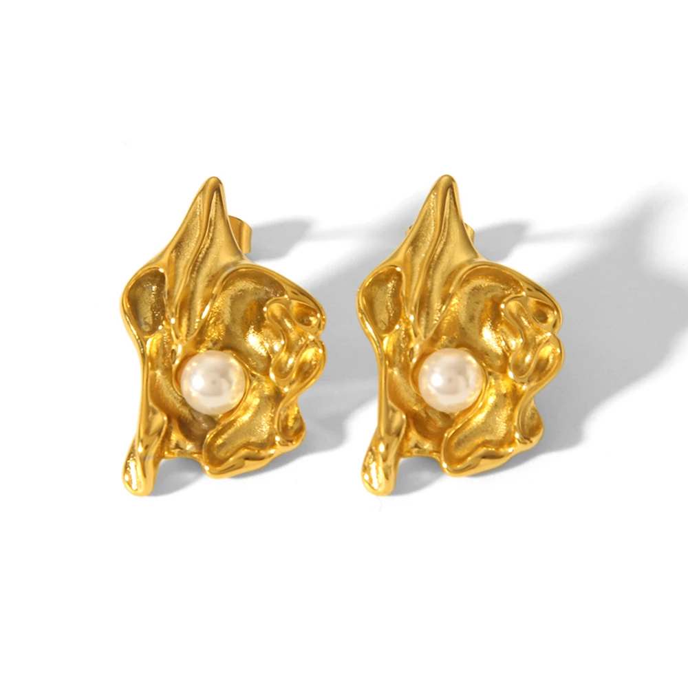 

H.C.18K Gold Plated Irregular Pleated Lava Flower Premium Stainless Steel Earrings Fashion Romantic Evening Jewelry Office Gifts