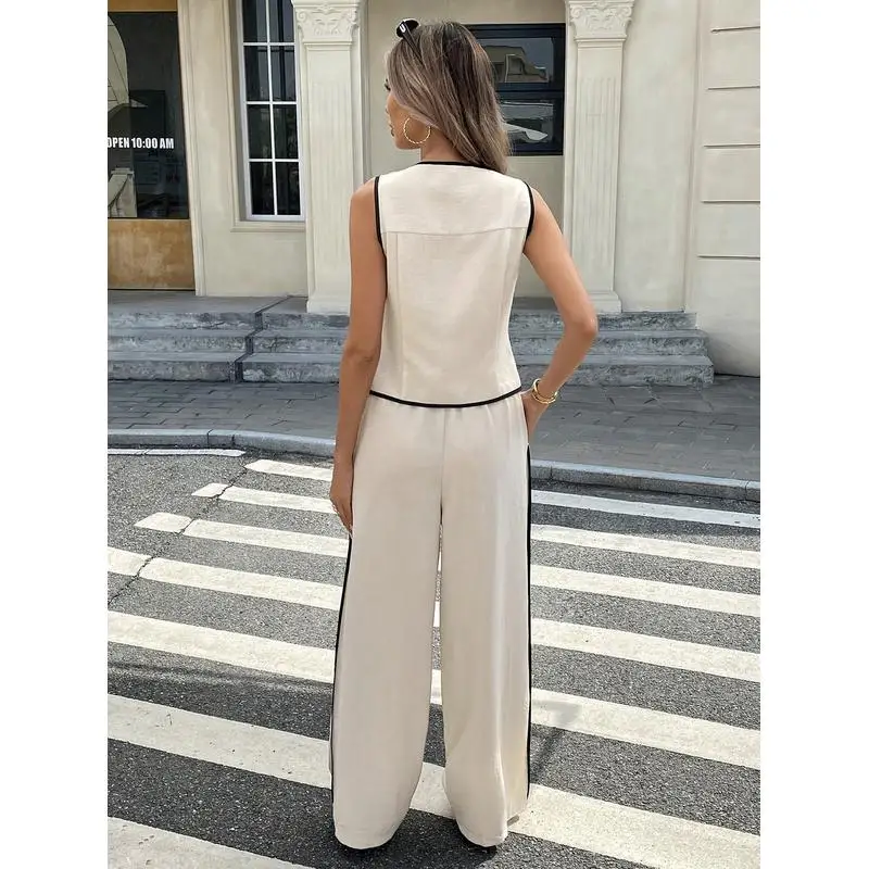 Sommer Damen Farbe Blo Svel Single Button Weste und Kordelzug Hosen Set Faionable Damen Ensemble Lange Hosen
