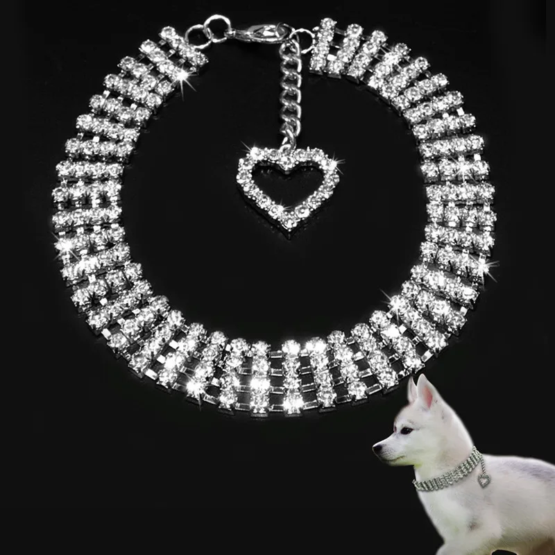 

Luxury Dog Collar Necklace White Blue Pink 4 Rows Rhinestone Collars Female Dog Accessories Weeding Party Neck Decoration Jewels