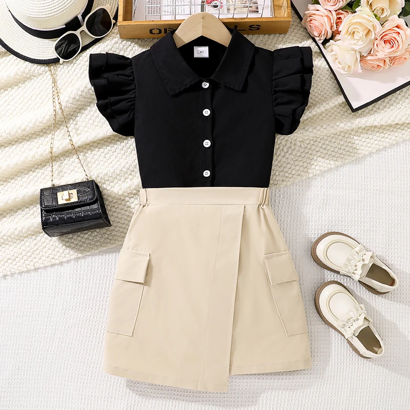 

Наряд для девочек, черная рубашка на пуговицах и юбка цвета хаки, модные комплекты детской одежды, летние модные детские комплекты, корейский стиль