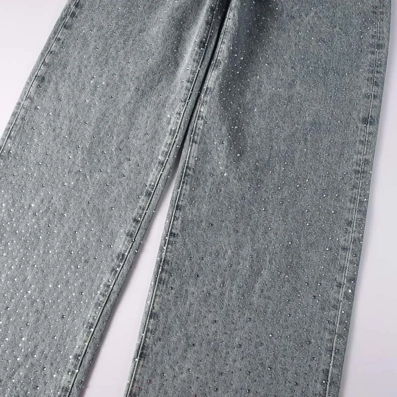 2025 nova moda pu diamante-incrustado em linha reta cintura alta jeans masculino retro rua solta casual calças de perna larga
