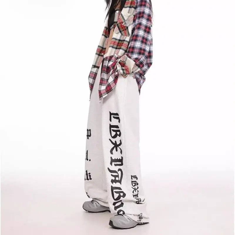 Pantaloni larghi da donna con coulisse elastica Pantaloni alla moda con stampa di lettere a gamba larga Pantaloni casual dritti Hip Hop Streetwears