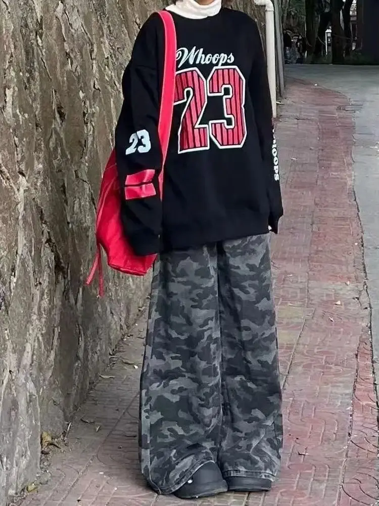 

High Waist Wide Leg American Retro Denim Jeans Women Loose Slimming Street Style Camouflage Long Trousers Spring 2026