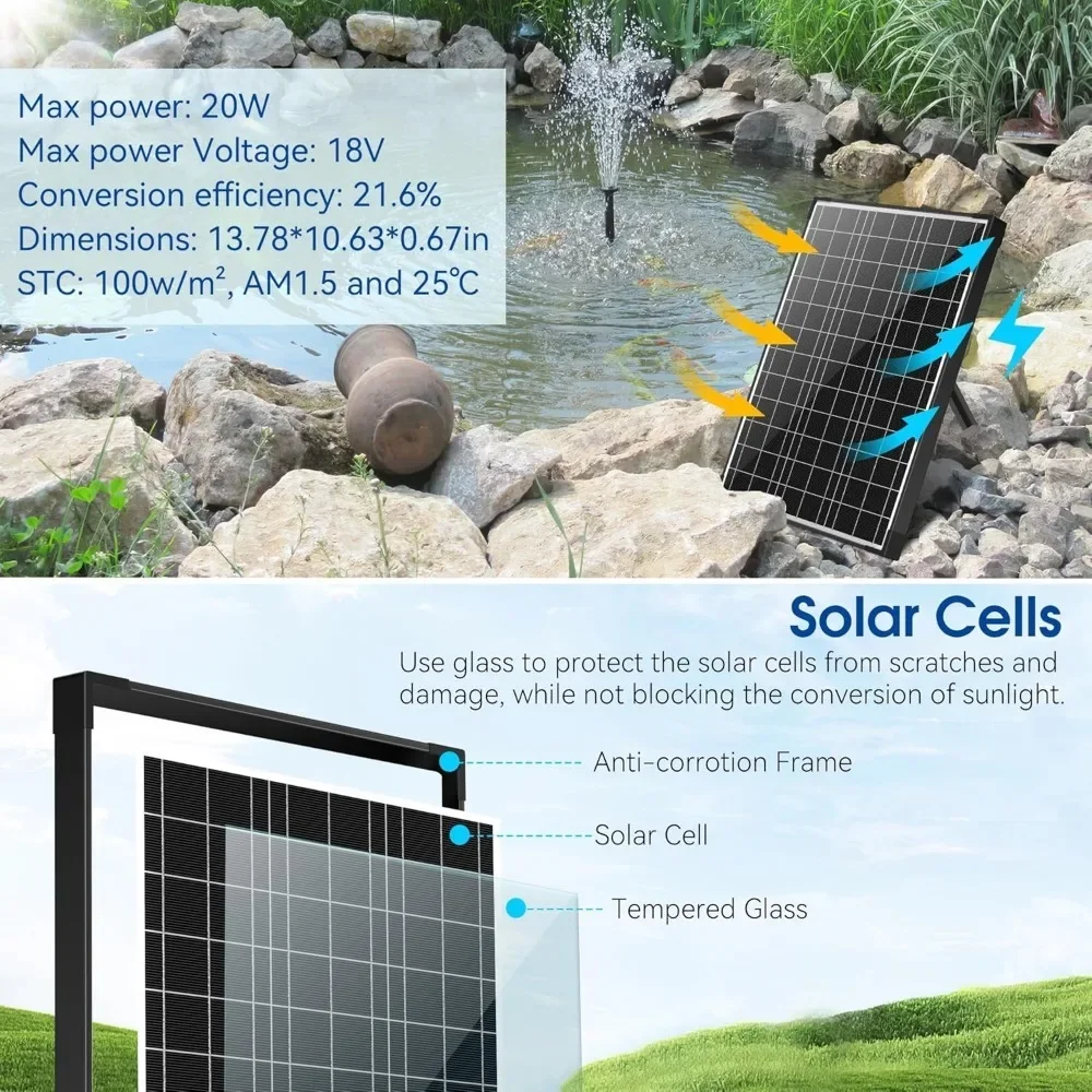 Teichfilter mit 20 W Solarpanel, 120 GPH Solarwasserpumpe, 4 Sprühgeräte für Teich, Aquarien und Gartenwasser im Freien