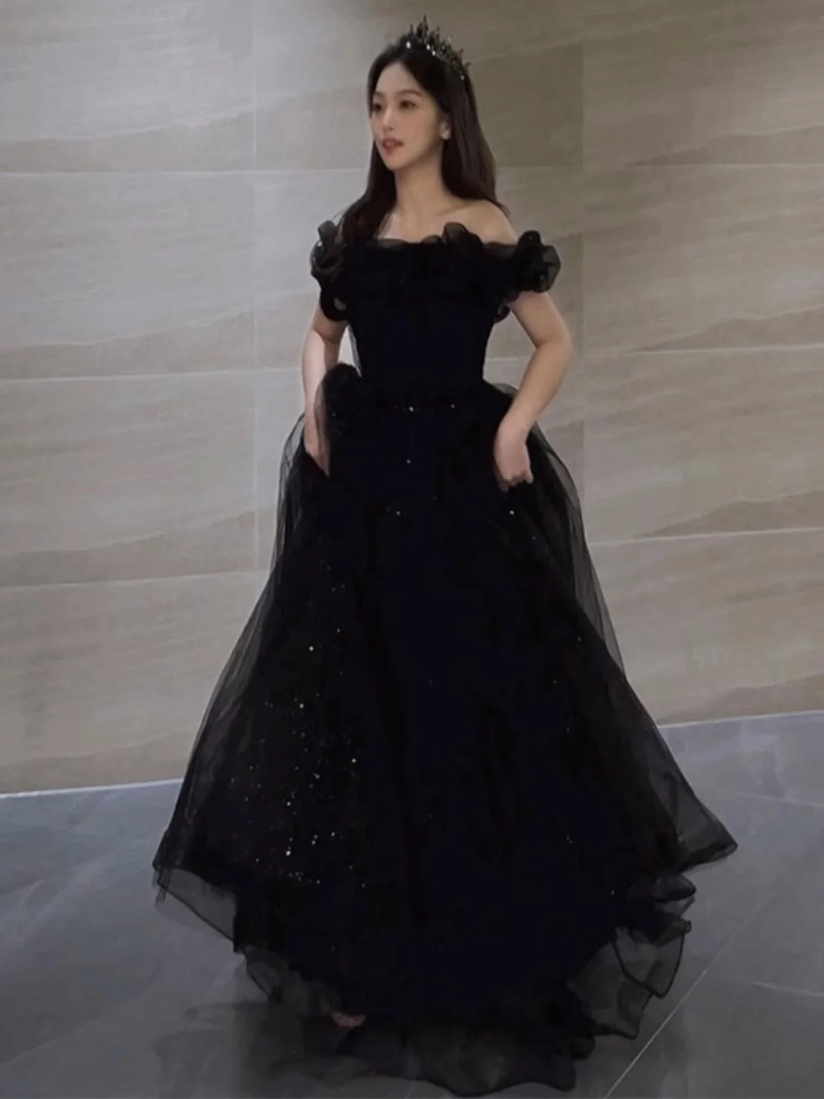 Elegant Black Evening Gown One Shoulder Long Dress for Women High End Ball Performance Host Floor Length Wedding Party