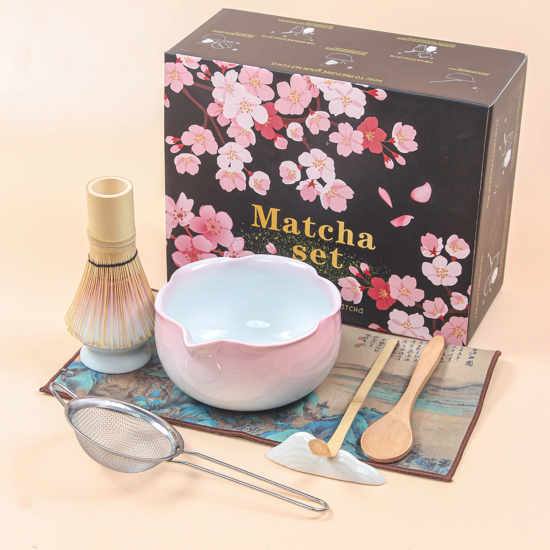 Rosa Matcha-Set, 8-teiliges Matcha-Kit, Kirschblüten- + Karomuster Matcha-Schalen-Set Matcha-Starter-Kit für Matcha-Liebhaber