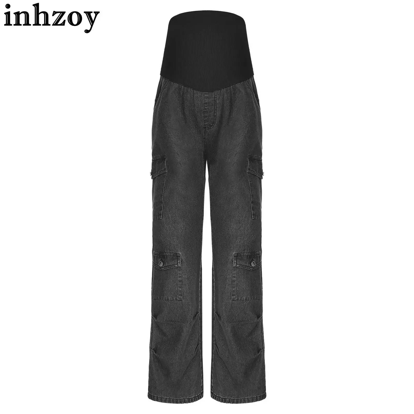 

Джинсы-карго с высокой талией для беременных, модные повседневные свободные джинсовые брюки прямого кроя, брюки для беременных с карманами