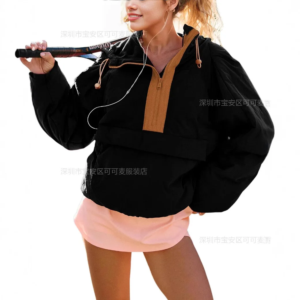 Keep Warm Thick Workwear Style Hooded Sweatshirt Women Contrast Color Zipper Drawstring Loose Pullover Hoodie Comfortable Casual