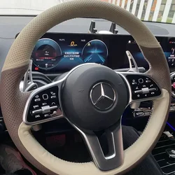For Mercedes Benz A C Class E260 E300 GLB GLA GLE GLC Manual Sewing Car Steering Wheel Covers Car Accessories Genuine Leather