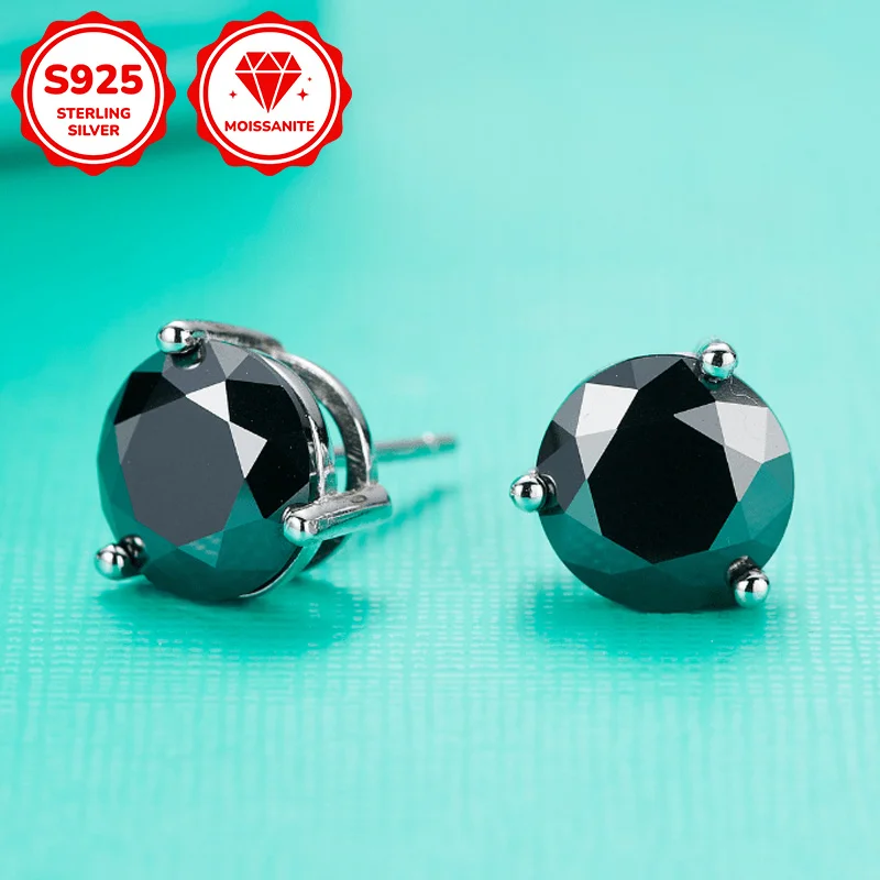 1Pair 1/2/3Ct S925 Silver Black Moissanite Earrings, Suitable for Various Occasions, Three-prong Earrings, An Ideal Gift Choice.