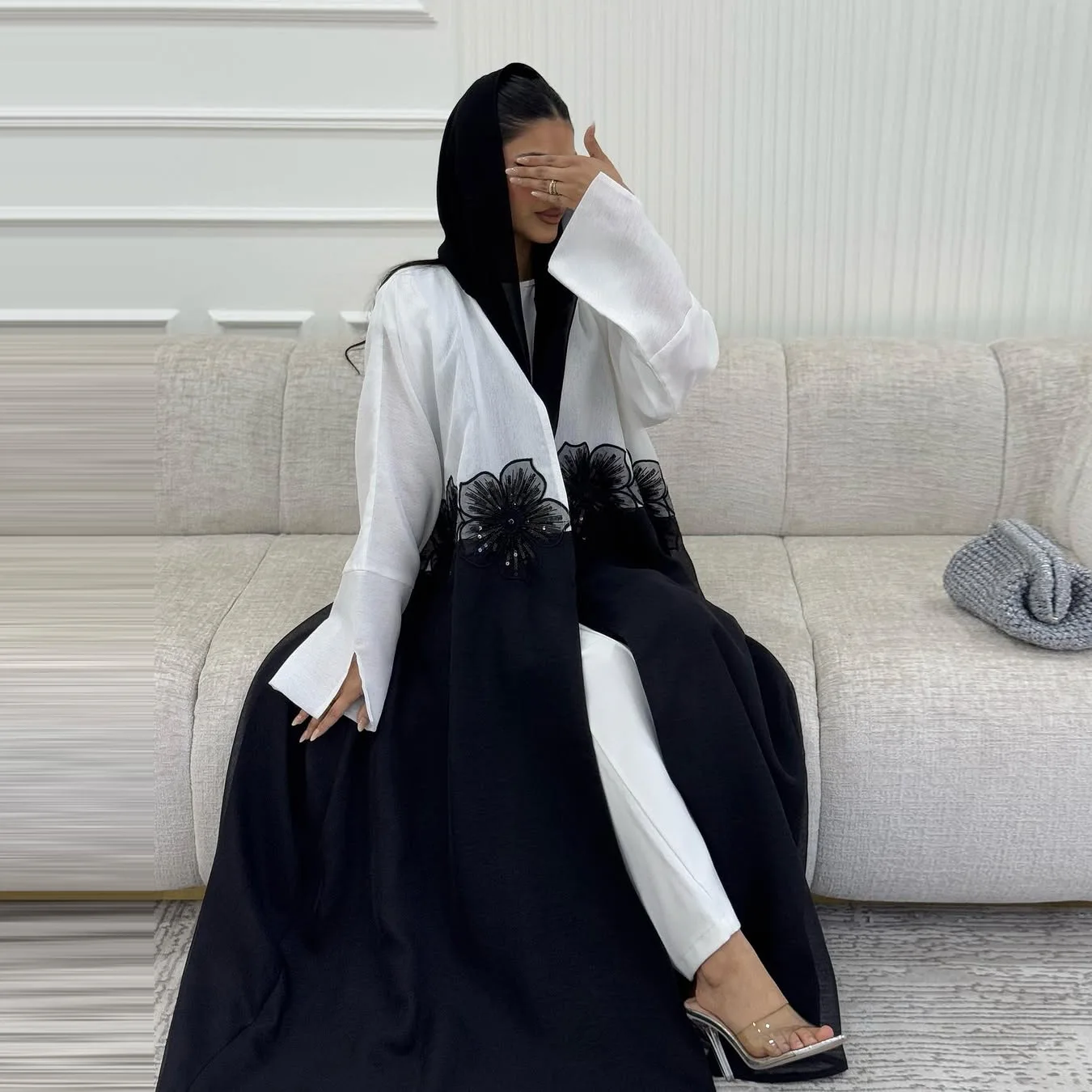 

Fashion Women Sequin Kimono Cardigan Flower Kebaya Dubai Open Abaya Turkey Kaftan Islam Clothing Caftan Marocain Femme Robe Gown