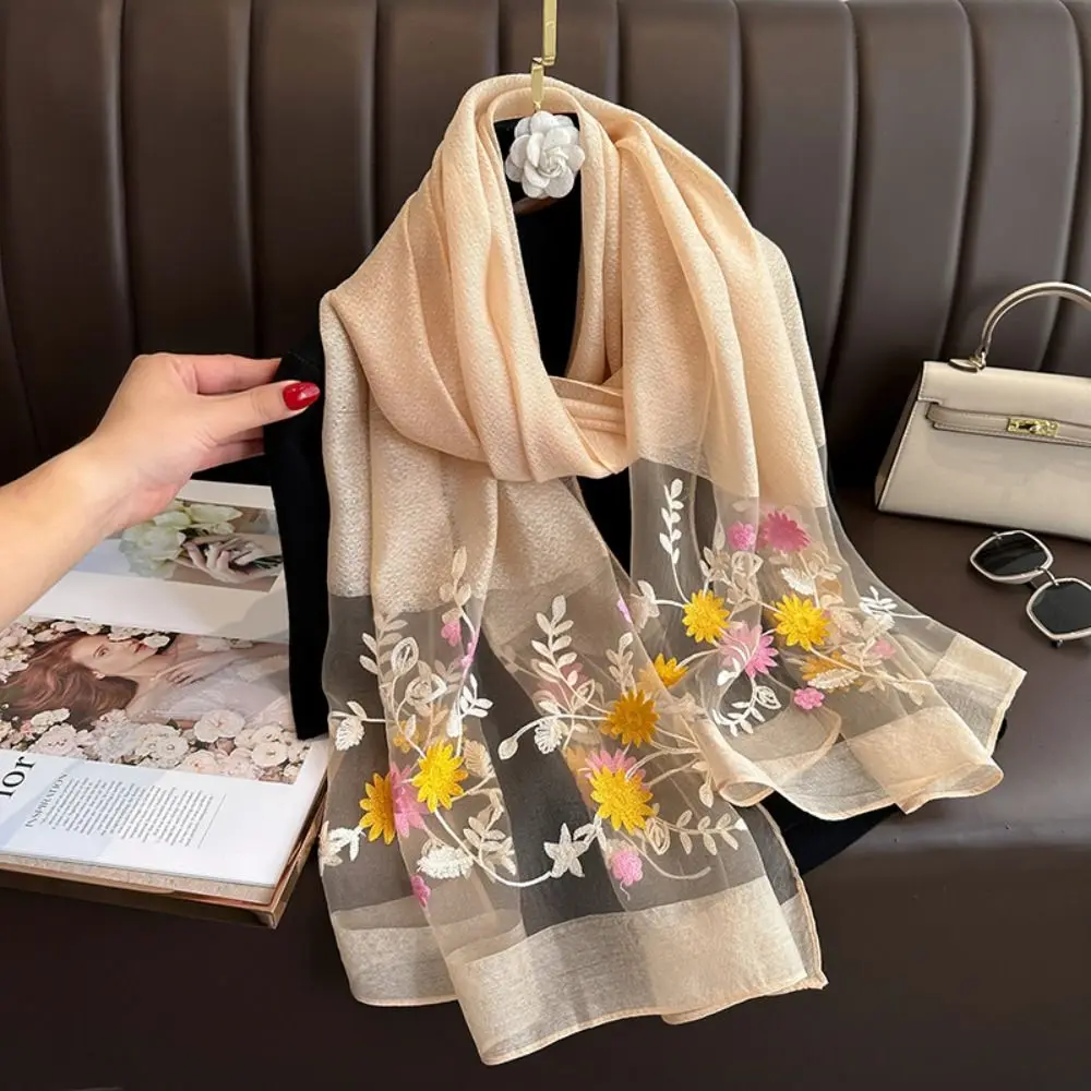 أزياء زهرة فاخرة وشاح حريري Foulard التطريز النساء الحجاب شالات لينة رقيقة كبيرة وشاح من الدانتيل يلتف سيدة