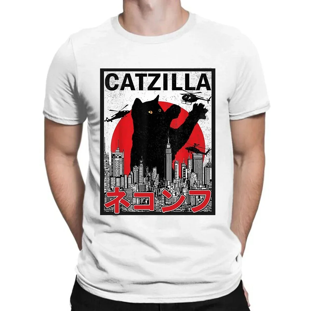 Fashion Vintage Catzilla Monsters Kitten T-Shirts Men Round Neck Cotton T Shirts Cat Short Sleeve Tees Oversized Clothing