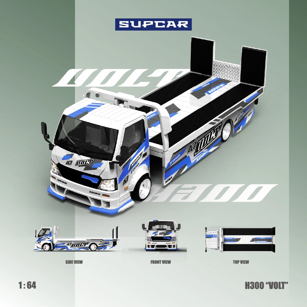 *Spot good*SUPCAR 1:64 H300 Flatbed Transport Trailer ADVAN VOLT Blue White Livery Simulation Alloy Diecast Car Model Collection