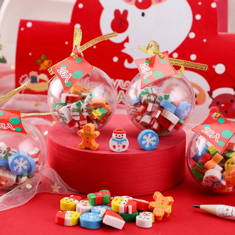 20pcs Merry Christmas Erasers for Kids Gifts Kawaii Stationery Novelty Santa Tree Mini Rubber School Cute Office Supplies