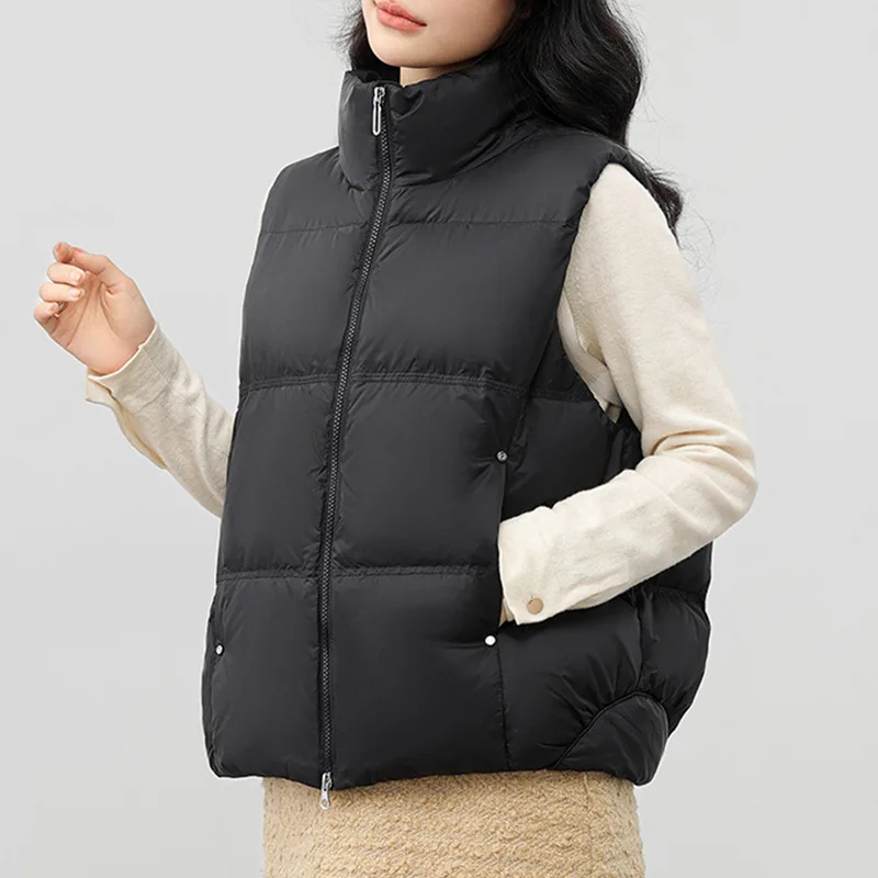 Autumn Winter Women Down Jacket Sleeveless Cardigan Vest White Duck Down Warm Puffer Jacket Chic Design Short Tops Zipper Pocket