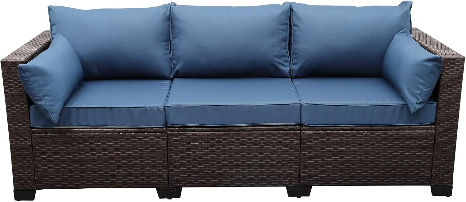 3-Seat Patio Wicker Sofa, Outdoor Rattan Couch Furniture Steel Frame with Furniture Cover and Deep Seat High Back,Blue Anti-Slip